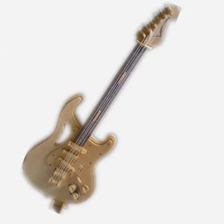Beige plastic toy electric guitar with visible strings and control knobs on a white background