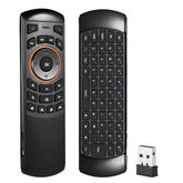 Black wireless remote with full QWERTY keyboard and USB receiver, ergonomic design