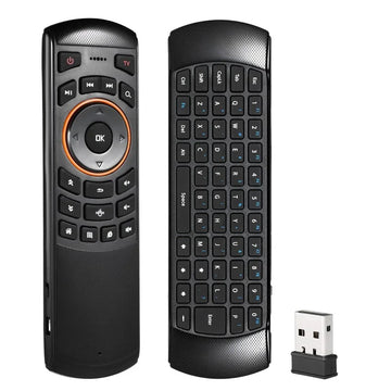 Black wireless remote with full QWERTY keyboard and USB receiver, ergonomic design