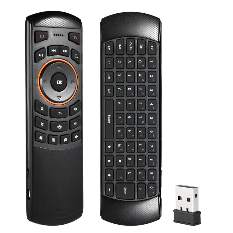 Black wireless remote with full QWERTY keyboard and USB receiver, ergonomic design