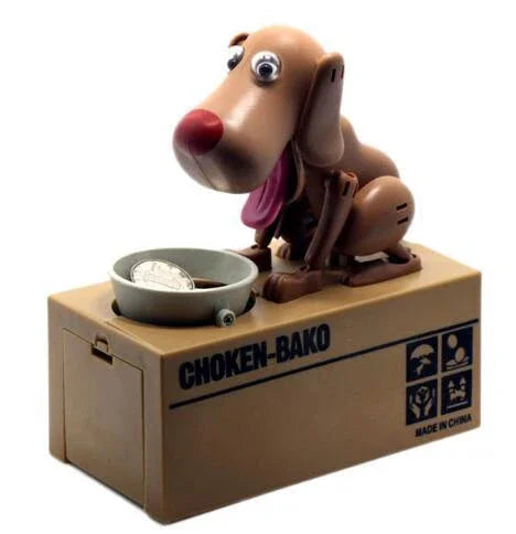 Brown plastic dog coin bank with animated dog figure on beige box labeled &