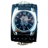 Black wide leather cuff watch with silver case and dragon design on the dial