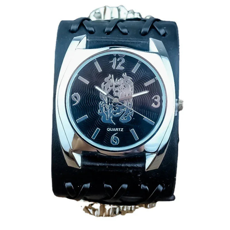 Black wide leather cuff watch with silver case and dragon design on the dial