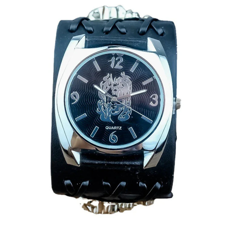 Black wide leather cuff watch with silver case and dragon design on the dial