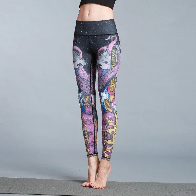 High-waisted, colorful graphic print leggings with slim fit and vibrant abstract patterns.