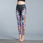 High-waisted, colorful graphic print leggings with slim fit and vibrant abstract patterns.