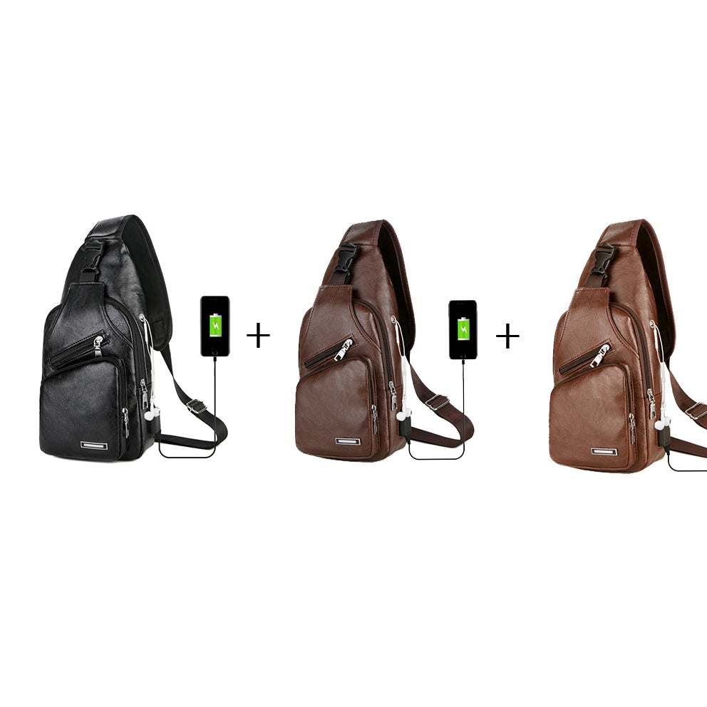USB portable charging chest messenger bags in black and brown PU leather with USB and headphone jack ports
