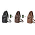 USB portable charging chest messenger bags in black and brown PU leather with USB and headphone jack ports