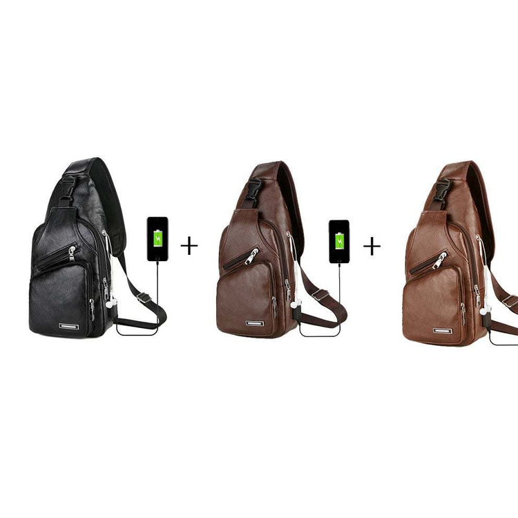 USB portable charging chest messenger bags in black and brown PU leather with USB and headphone jack ports