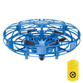 Blue circular drone with protective cage design and yellow remote control