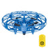Blue circular drone with protective cage design and yellow remote control