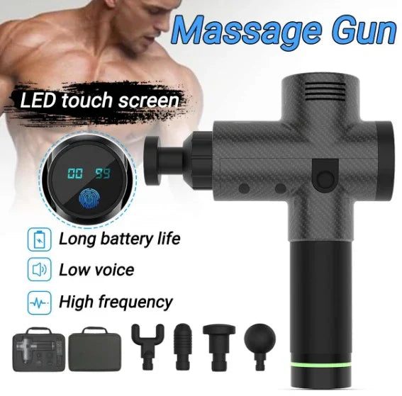 Black massage gun with carbon fiber texture, LED touch screen, multiple attachment heads.
