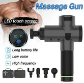 Black massage gun with carbon fiber texture, LED touch screen, multiple attachment heads.