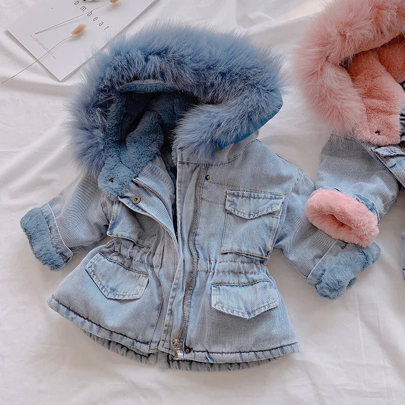 Light blue denim jacket with blue faux fur hood and lining, relaxed fit, kids outerwear