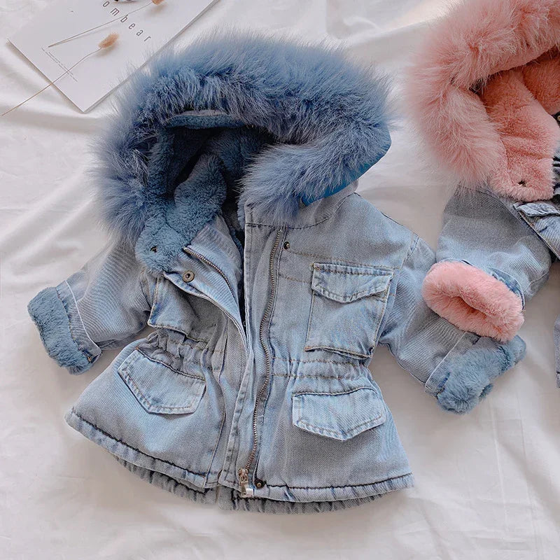 Light blue denim jacket with blue faux fur hood and lining, relaxed fit, kids outerwear
