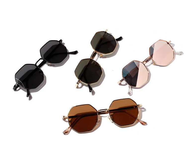 Geometric octagon sunglasses in black, brown, pink, and dark green with metal frames