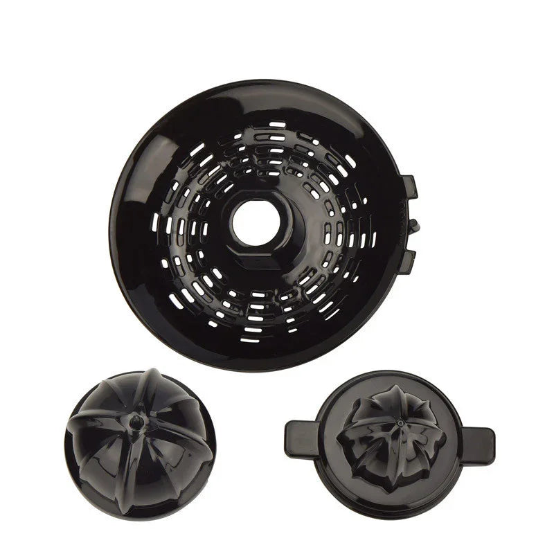 Black plastic juicer parts set with strainer and citrus reamer, modern design.