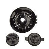 Black plastic juicer parts set with strainer and citrus reamer, modern design.
