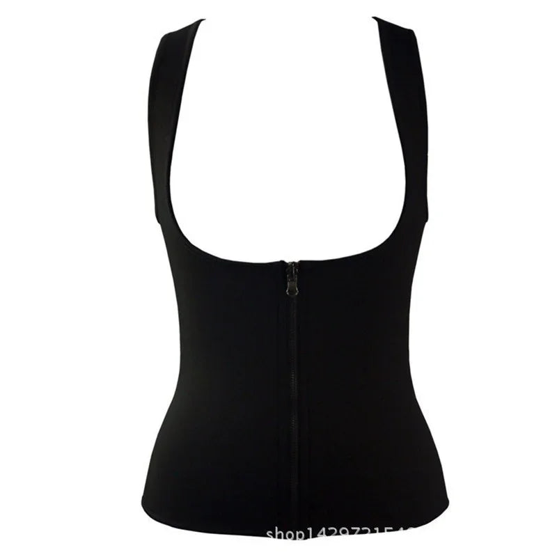 Black sleeveless fitted vest with front zipper, scoop neckline, stretchy fabric
