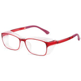 Red and clear rectangular acetate eyeglasses with a modern, bold frame design