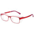 Red and clear rectangular acetate eyeglasses with a modern, bold frame design