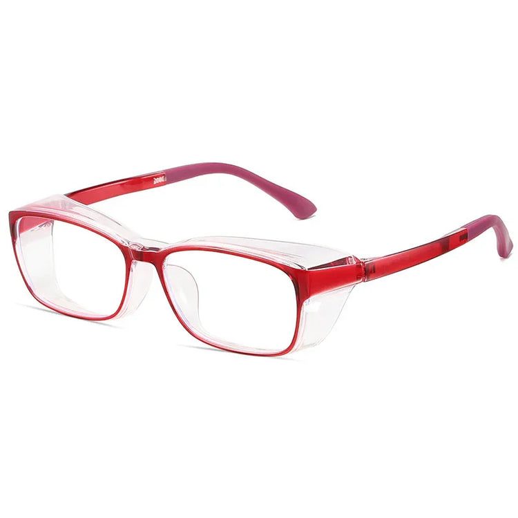 Red and clear rectangular acetate eyeglasses with a modern, bold frame design