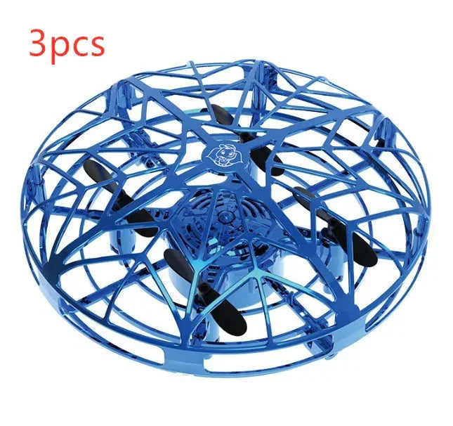 Blue drone with circular protective cage and black propellers, futuristic tech accessory