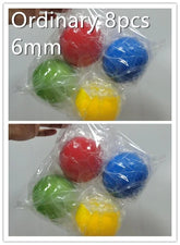 Pack of eight 6mm plastic balls in red, blue, yellow, and green, wrapped in clear plastic