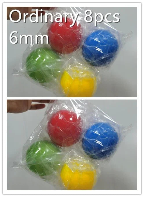 Pack of eight 6mm plastic balls in red, blue, yellow, and green, wrapped in clear plastic