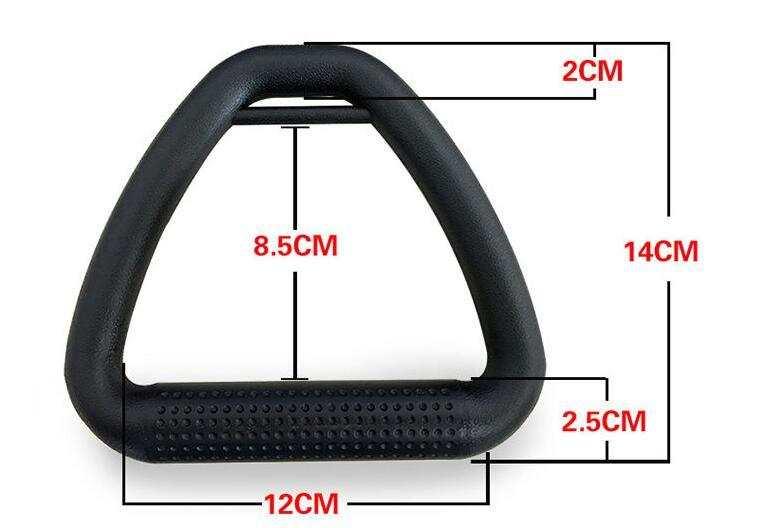 Black plastic triangular handle with textured grip and measurements in centimeters