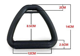 Black plastic triangular handle with textured grip and measurements in centimeters