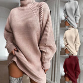 Oversized ribbed knit turtleneck sweater dress in pink, grey, cream, and burgundy, long sleeves, relaxed fit.