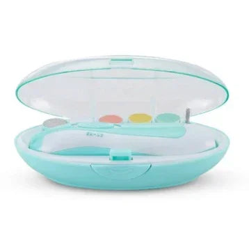 Light blue and white manicure set in a compact, oval case with clear lid, includes nail tool and buffers