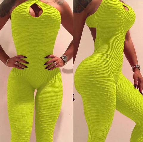 Neon yellow textured sleeveless jumpsuit with keyhole front, bodycon fit, stretchy material