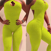 Neon yellow textured sleeveless jumpsuit with keyhole front, bodycon fit, stretchy material