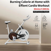 White indoor stationary exercise bike with adjustable seat and handlebars, minimalist design.