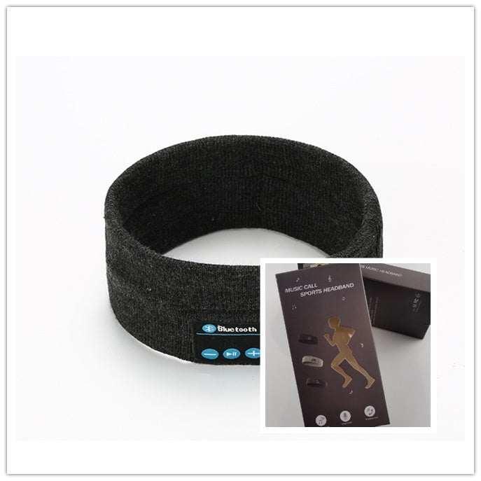 Black knitted Bluetooth sports headband with control buttons, shown with packaging.