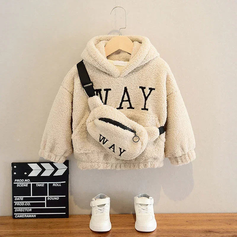Beige sherpa hoodie set with matching fleece crossbody bag and white sneakers for kids