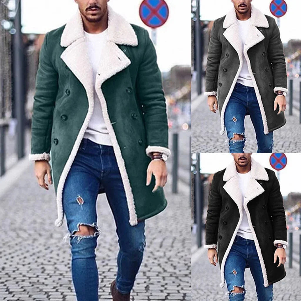 Men’s long shearling coat with faux fur lining, double-breasted, slim fit, shown in green and black.