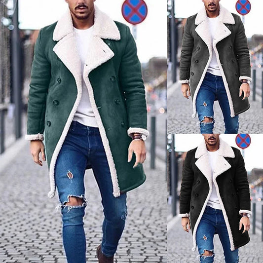 Men’s long shearling coat with faux fur lining, double-breasted, slim fit, shown in green and black.
