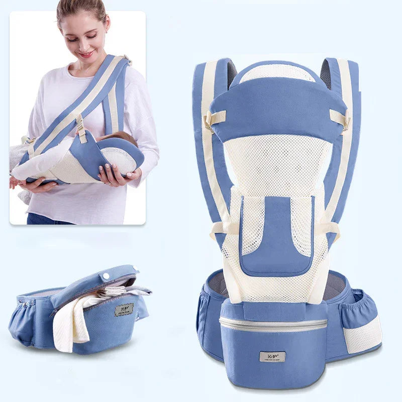 Blue and white ergonomic baby carrier with adjustable straps and storage pockets, shown in use and displayed separately.