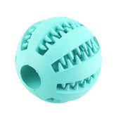 Light blue rubber textured ball with grooves and teeth, durable pet toy design