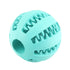 Light blue rubber textured ball with grooves and teeth, durable pet toy design