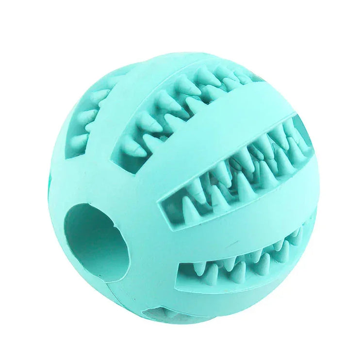 Light blue rubber textured ball with grooves and teeth, durable pet toy design