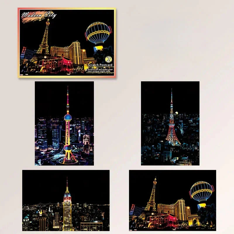 Colorful city skyline scratch postcards showing iconic landmarks at night
