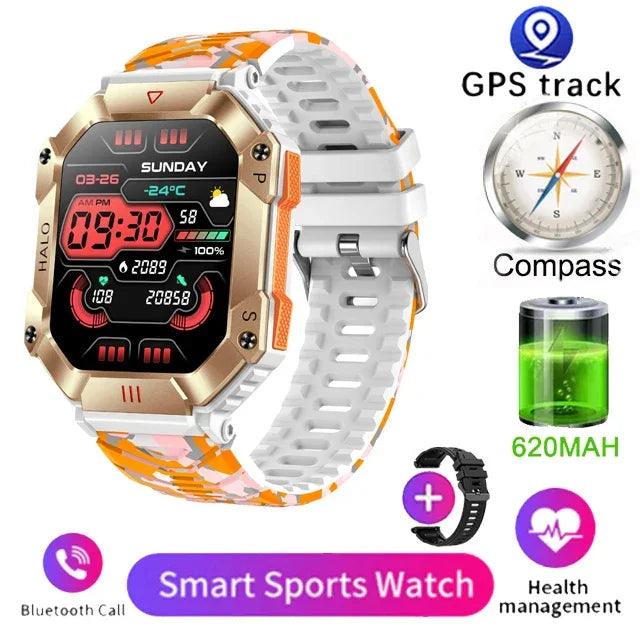 Futuristic smart sports watch with gold case, white-orange silicone strap, digital display, and health tracking features.