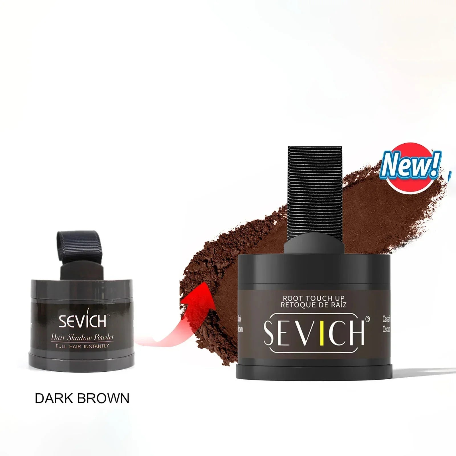 Dark brown hair shadow powder root touch up container with applicator on white background