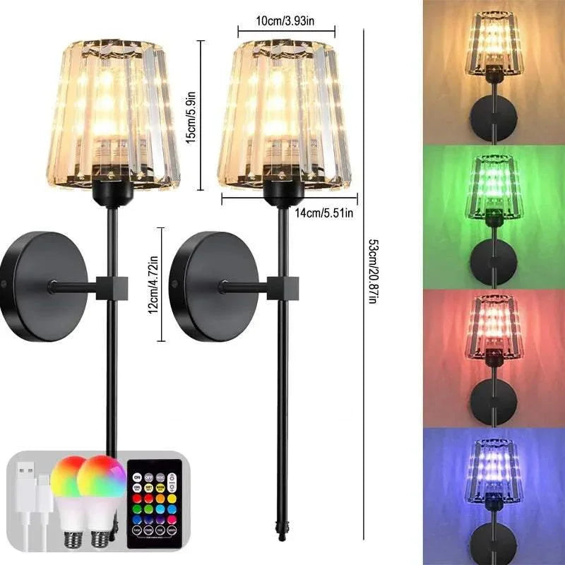 Modern wall sconce with black metal base, ribbed glass shade, remote controlled color-changing LED bulb, adjustable lighting.
