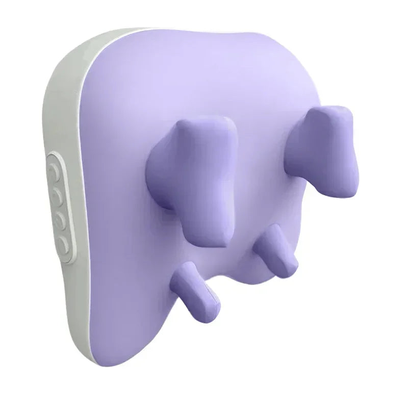 Lavender ergonomic massage pillow with contoured silicone nodes and side control buttons