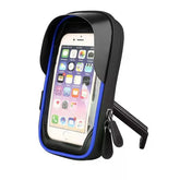 Black and blue waterproof bike phone holder case with sun visor and dual zippers, mounted on handlebars.